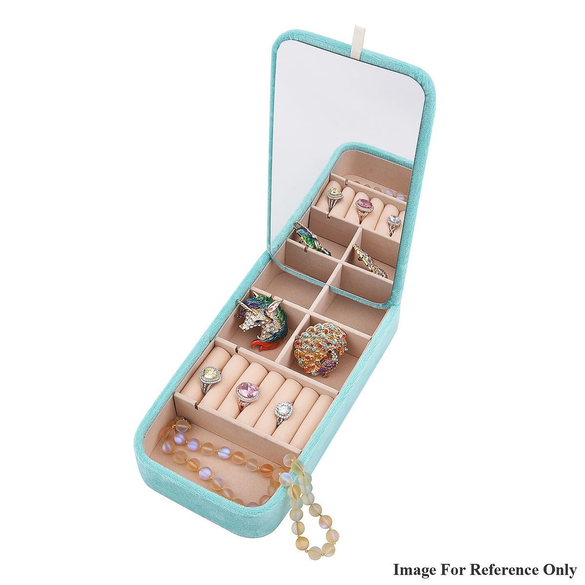 Portable Velvet Jewellery Box with Inside Mirror and Anti Tarnish Lining Jewellery Storage Organiser for Necklace, Earrings, Bracelets, Rings, and Accessories for Women's and Girls - Aquamarine 7306323 6