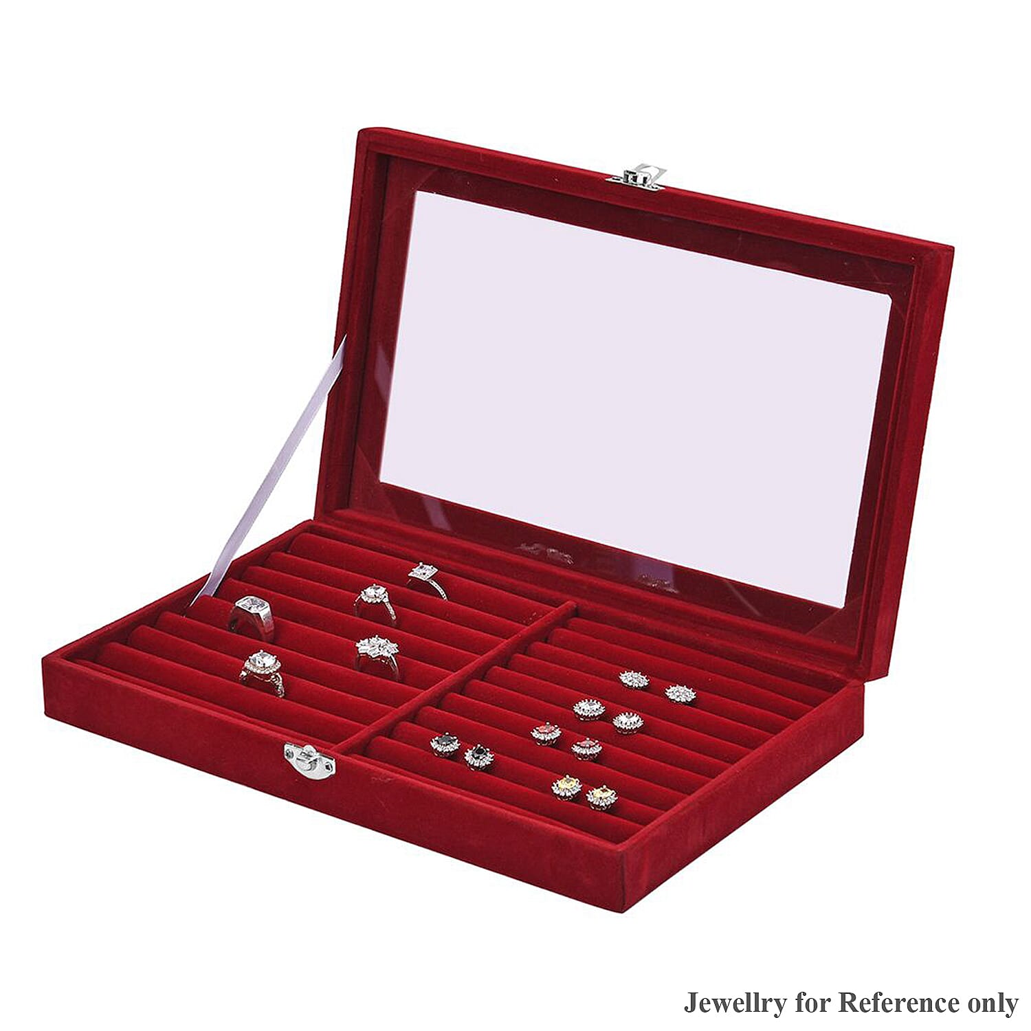 Portable Velvet Ring Box with Glass Window (Half Big &amp; Small Ring Rows) (Size - 29x18x4 cm) - Burgandy 7563573 0
