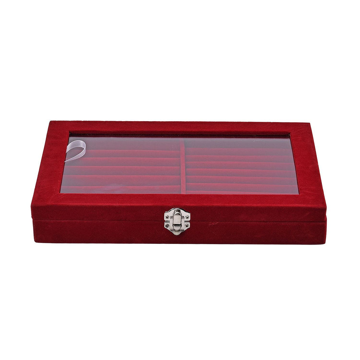 Portable Velvet Ring Box with Glass Window (Half Big &amp; Small Ring Rows) (Size - 29x18x4 cm) - Burgandy 7563573 1