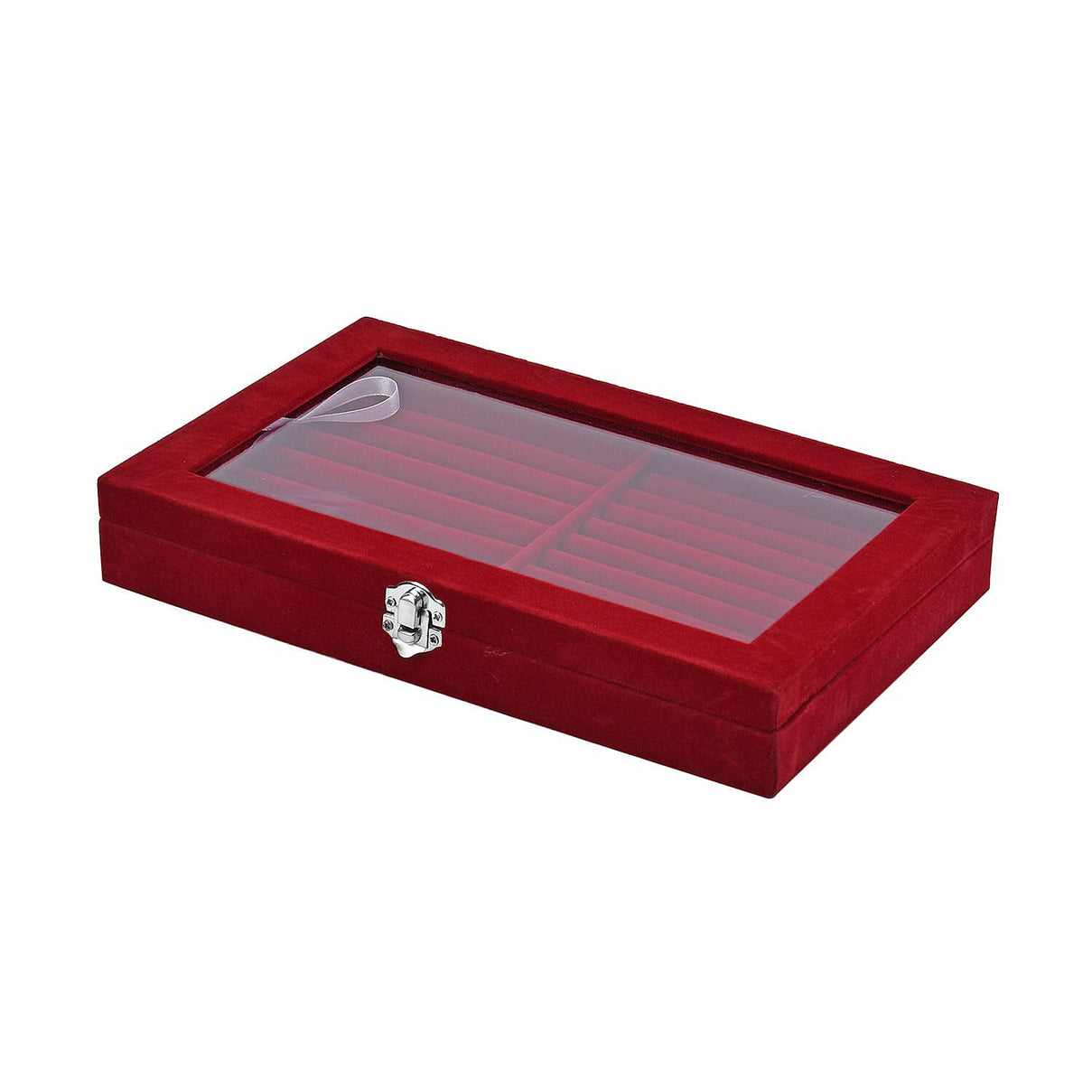 Portable Velvet Ring Box with Glass Window (Half Big &amp; Small Ring Rows) (Size - 29x18x4 cm) - Burgandy 7563573 2