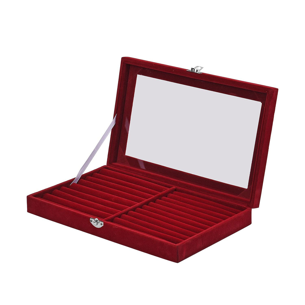 Portable Velvet Ring Box with Glass Window (Half Big &amp; Small Ring Rows) (Size - 29x18x4 cm) - Burgandy 7563573 4