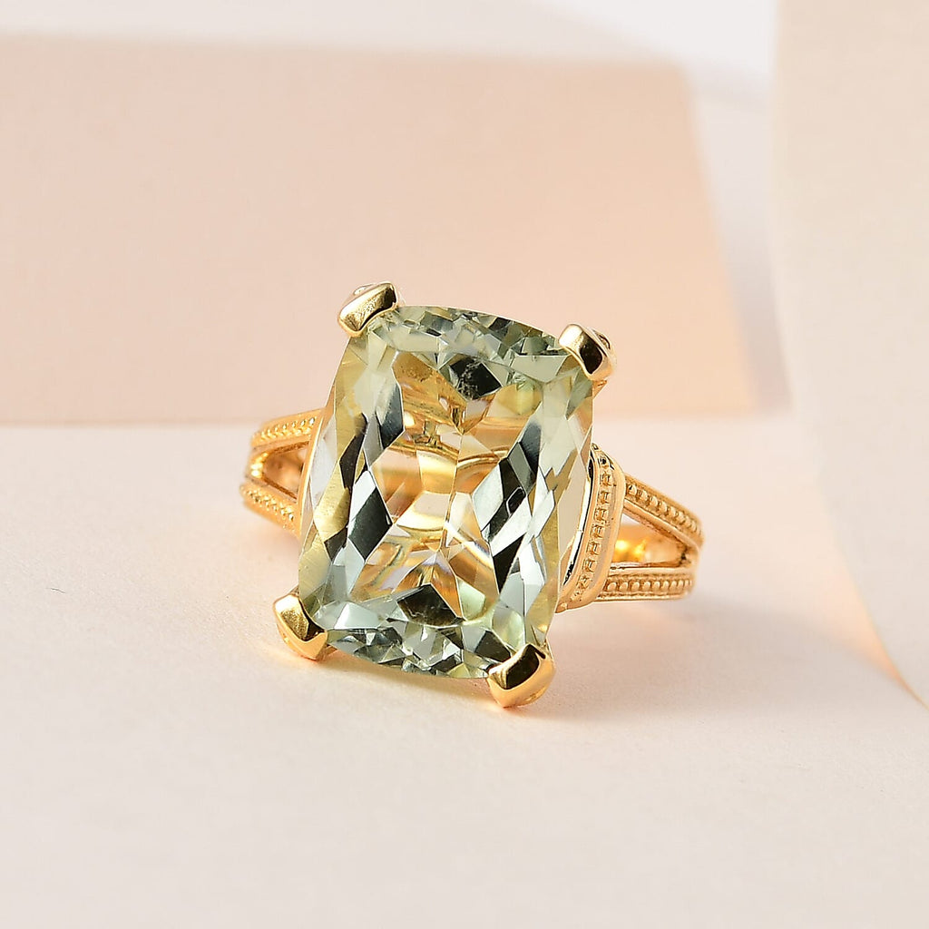 Prasiolite Ring in 18K Vermeil Yellow Gold Plated & Rhodium Overlay Sterling Silver 10.50 Ct, Silver Wt. 5.12 Gms.