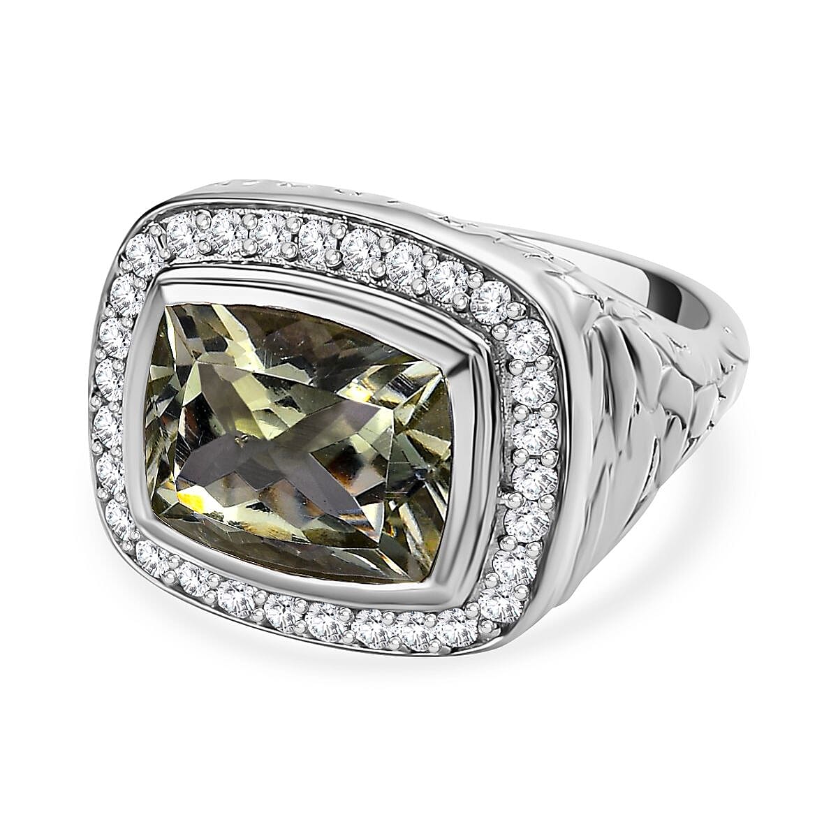 Prasiolite &amp; Natural Zircon Ring in Platinum Overlay Sterling Silver 5.05 Ct, Silver Wt. 8.24 Gms 7615818 0