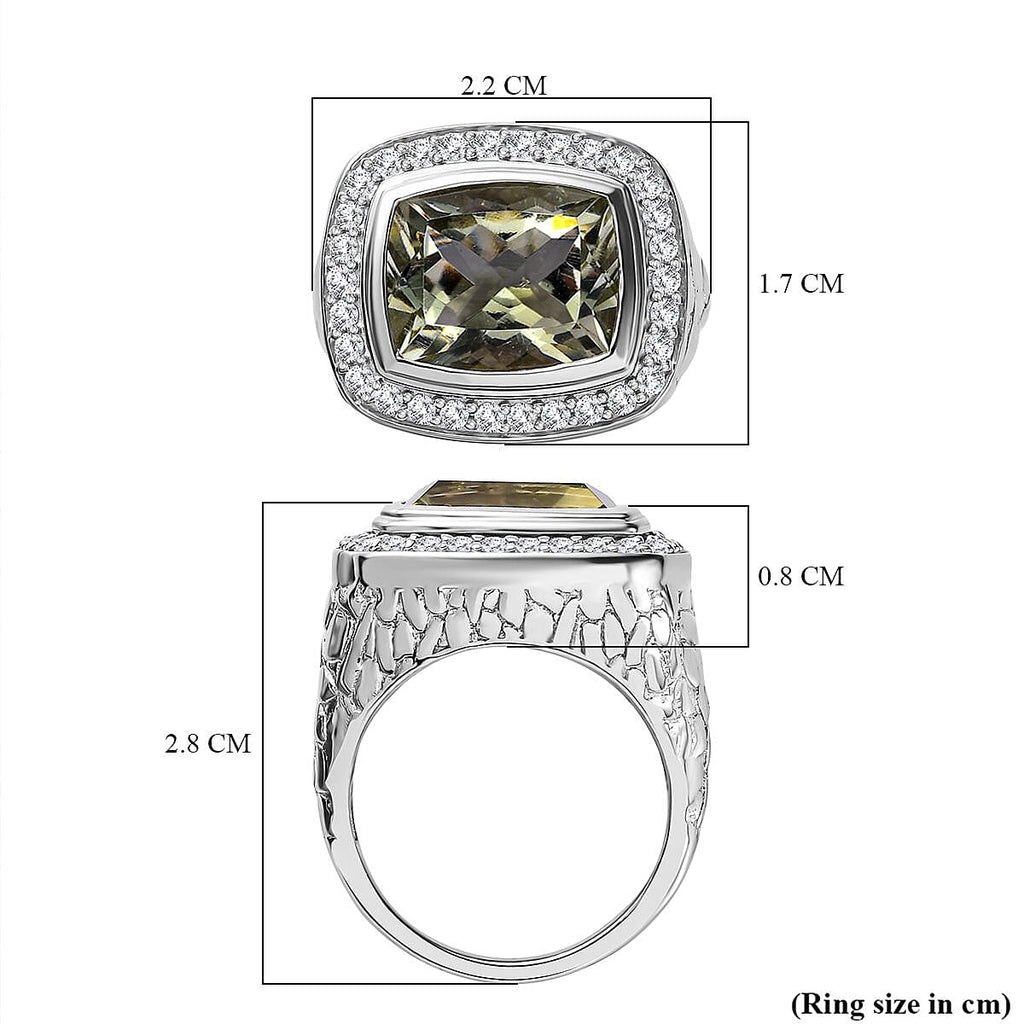 Prasiolite & Natural Zircon Ring in Platinum Overlay Sterling Silver 5.05 Ct, Silver Wt. 8.19 Gms