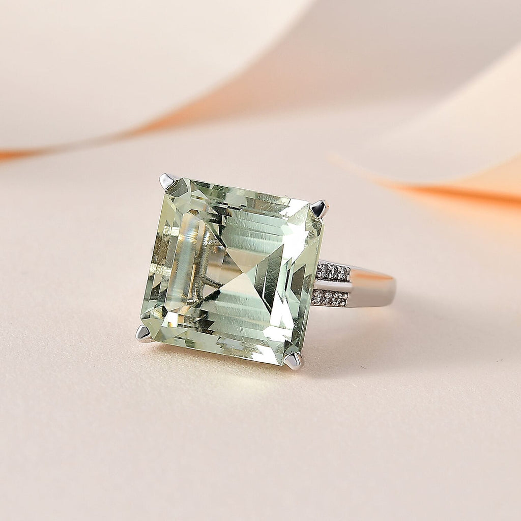 Prasiolite and Natural Zircon Ring in Platinum Overlay Sterling Silver 6.01 Ct.