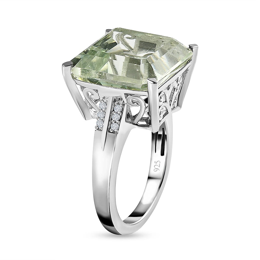 Prasiolite and Natural Zircon Ring in Platinum Overlay Sterling Silver 6.01 Ct.