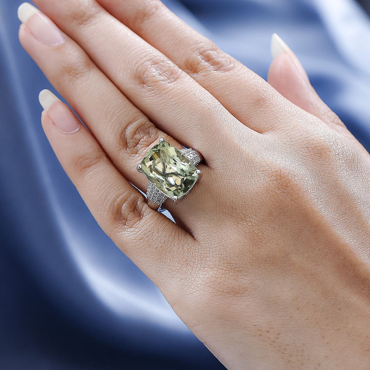 Prasiolite and Natural Zircon Ring in Platinum Overlay Sterling Silver 9.49 Ct. 7615647 2