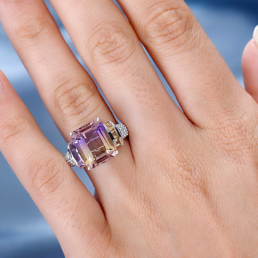 Premium Ametrine, Citrine, Natural Zircon & Amethyst Ring in Rhodium Overlay Sterling Silver 6.74 Ct.