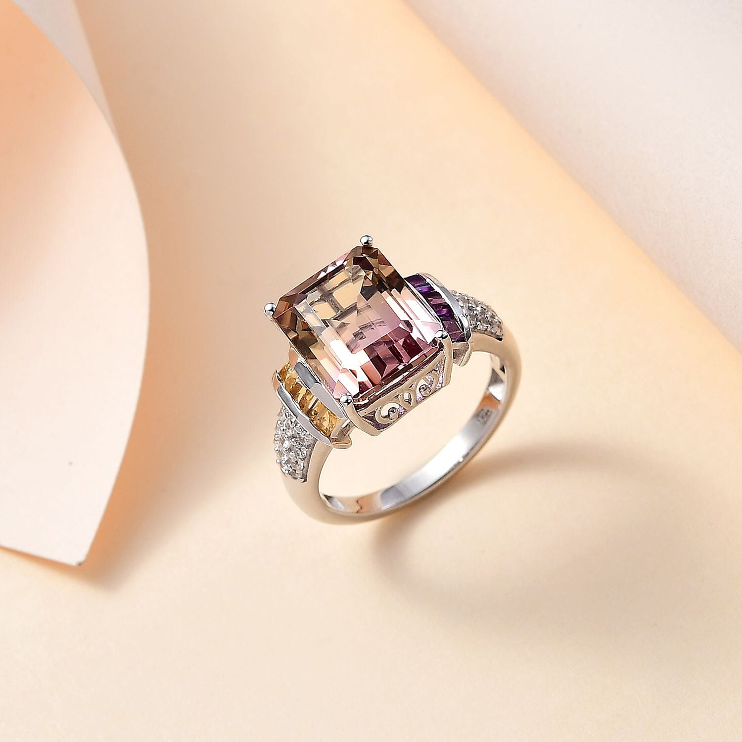 Premium Ametrine, Citrine, White Zircon, African Amethyst Ring in Rhodium Plated Sterling Silver,  6.723  Ct. 7807645 1