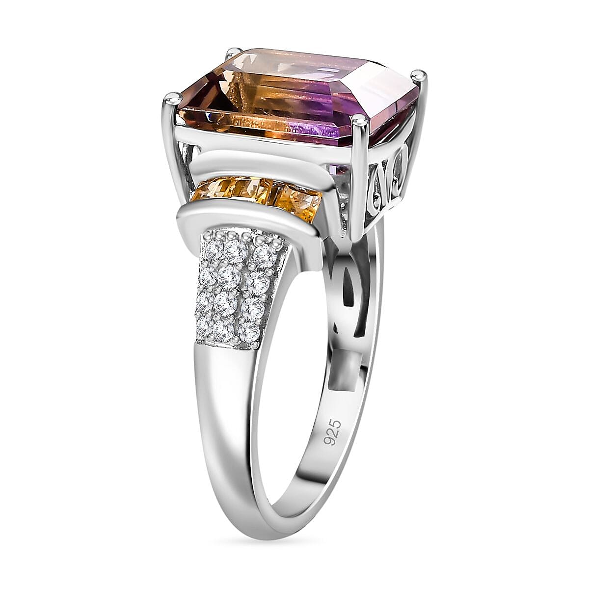 Premium Ametrine, Citrine, White Zircon, African Amethyst Ring in Rhodium Plated Sterling Silver,  6.723  Ct. 7807645 3