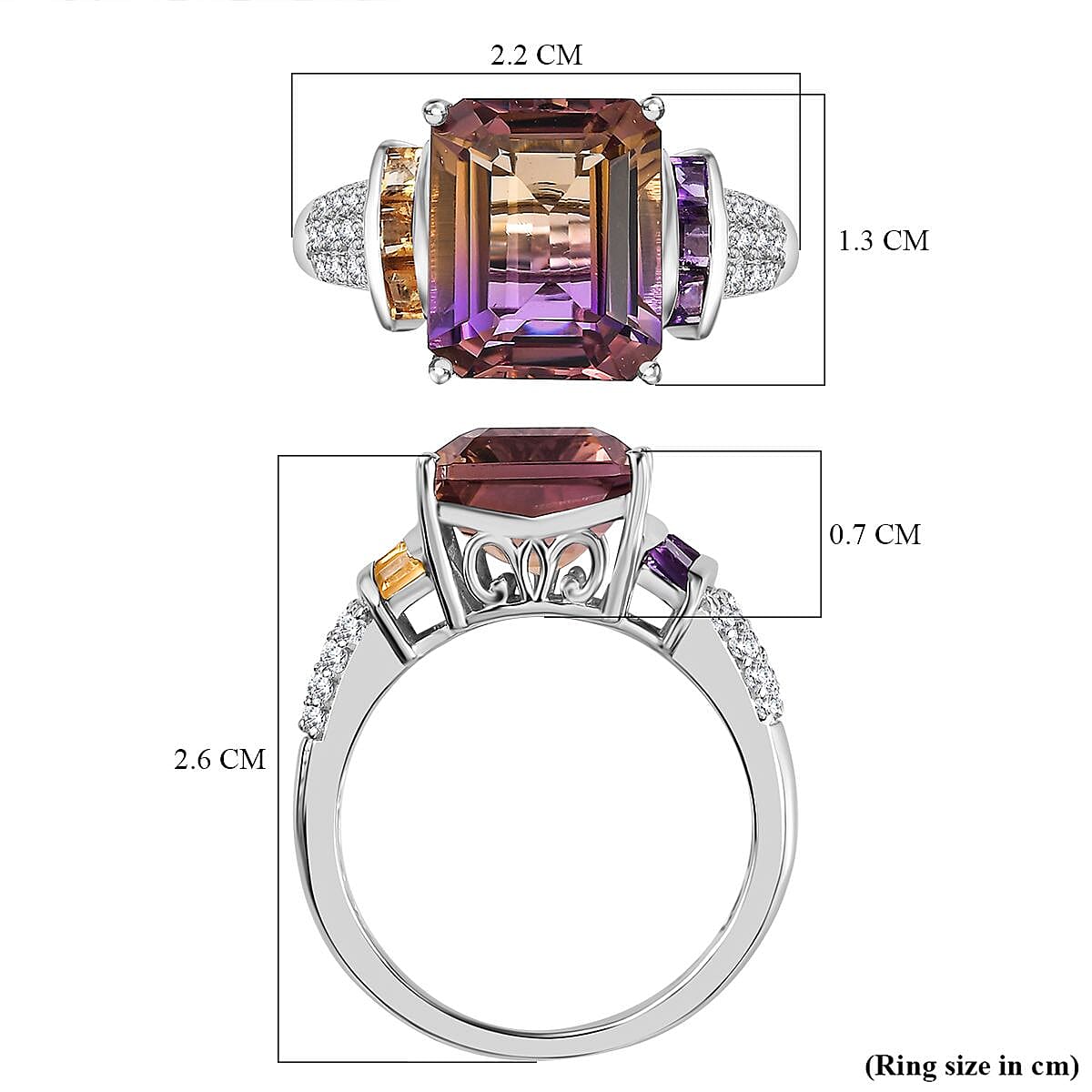 Premium Ametrine, Citrine, White Zircon, African Amethyst Ring in Rhodium Plated Sterling Silver,  6.723  Ct. 7807645 5