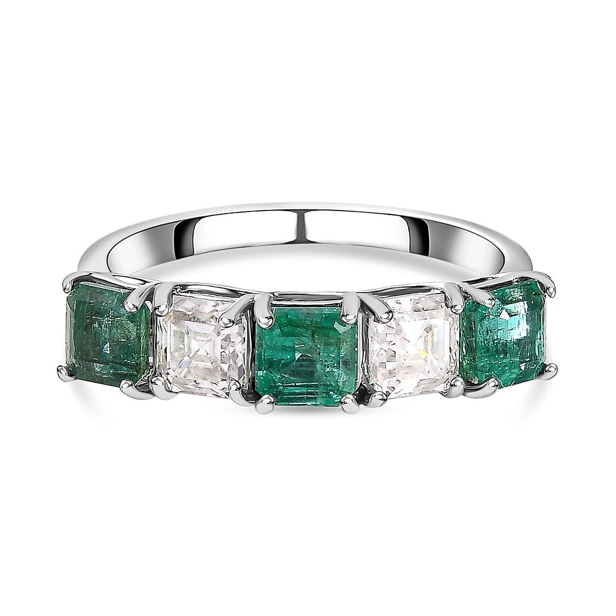 Premium Emerald &amp; Moissanite 5 Stone Ring in Platinum Overlay Sterling Silver 1.70 Ct 7662036 0