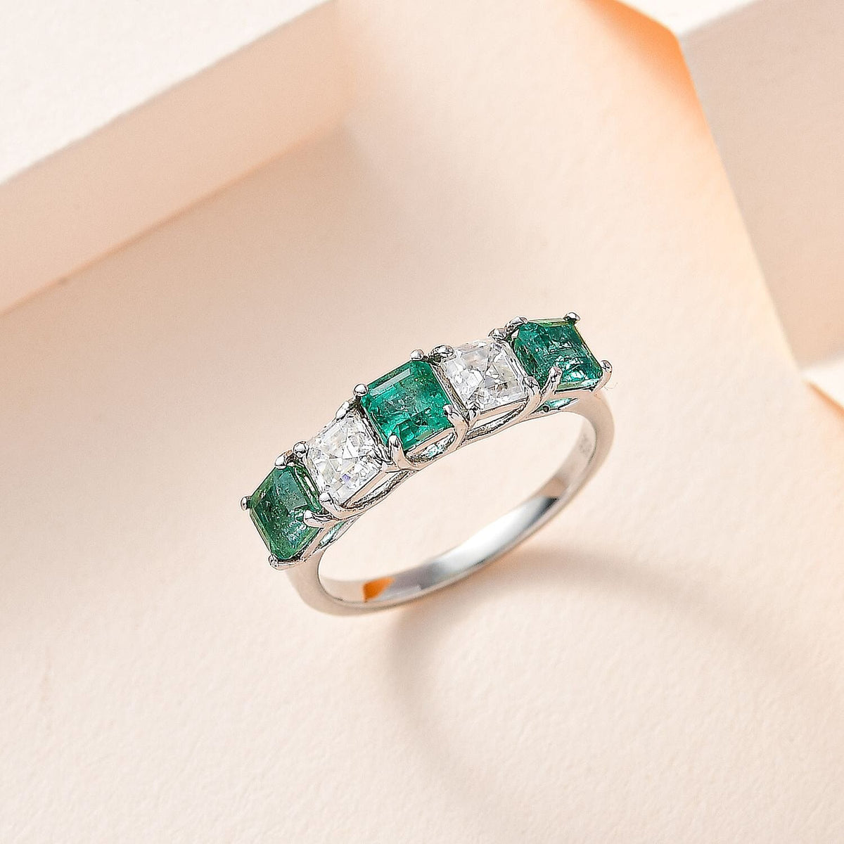 Premium Emerald &amp; Moissanite 5 Stone Ring in Platinum Overlay Sterling Silver 1.70 Ct 7662036 2