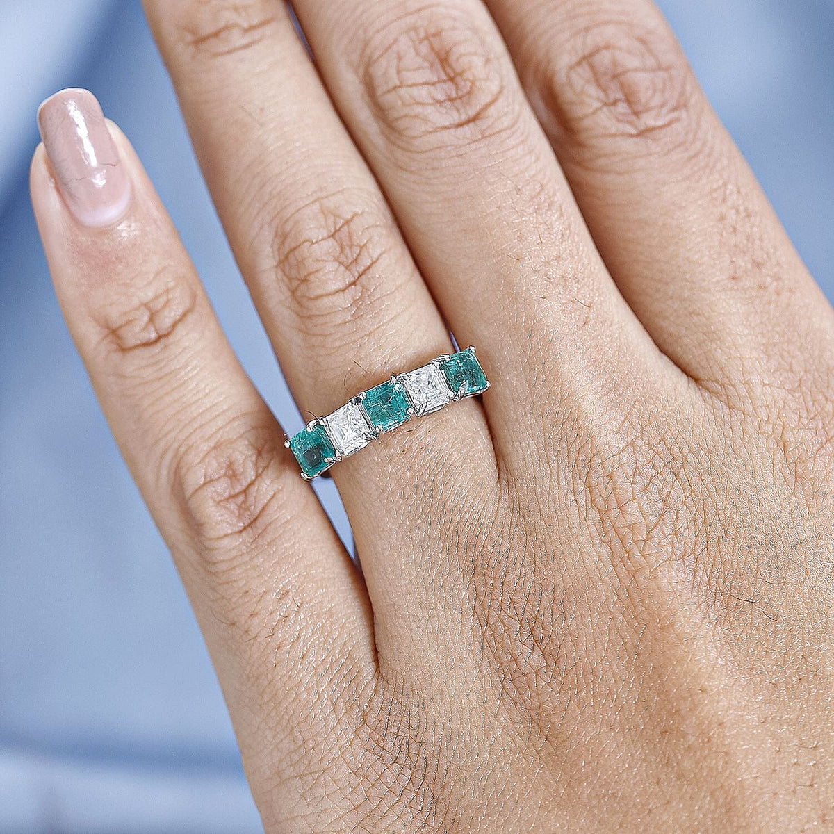Premium Emerald &amp; Moissanite 5 Stone Ring in Platinum Overlay Sterling Silver 1.70 Ct 7662036 3
