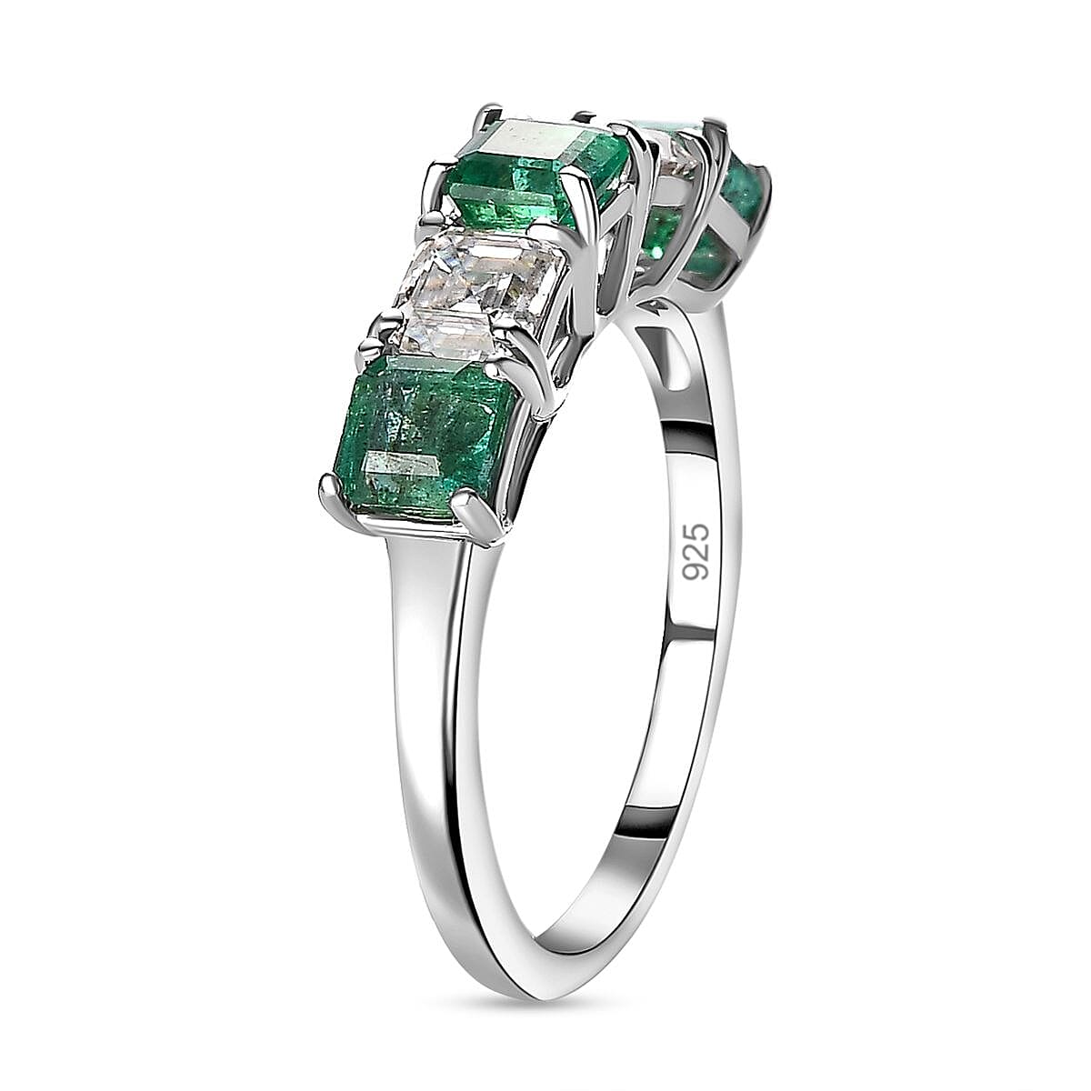 Premium Emerald &amp; Moissanite 5 Stone Ring in Platinum Overlay Sterling Silver 1.70 Ct 7662036 4
