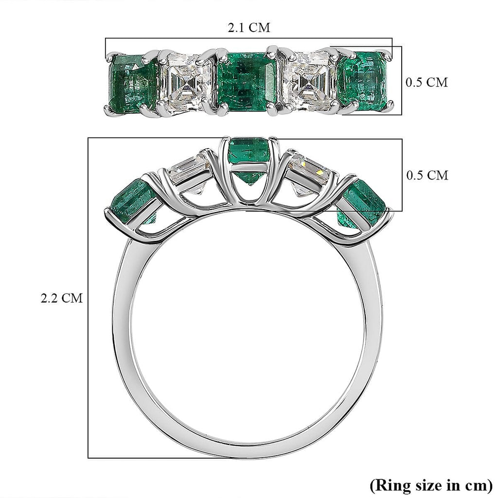 Premium Emerald & Moissanite 5 Stone Ring in Platinum Overlay Sterling Silver 1.70 Ct