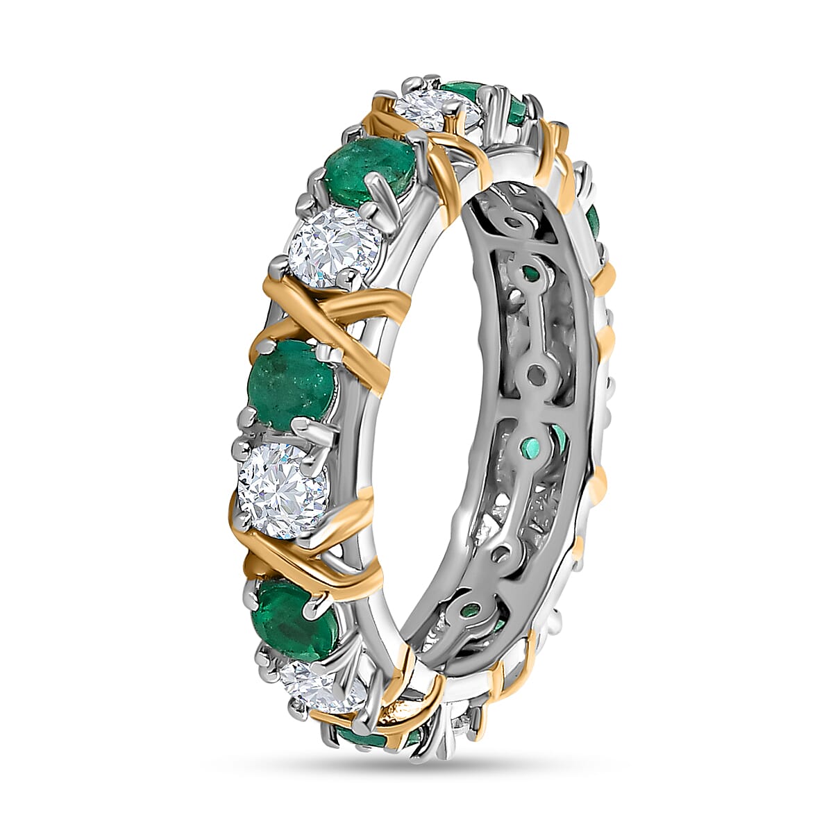Premium Emerald and Moissanite Wedding Band Ring in Platinum Overlay and 18K Yellow Gold Vermeil Plated Sterling Silver 1.51 Ct. 7548630 3
