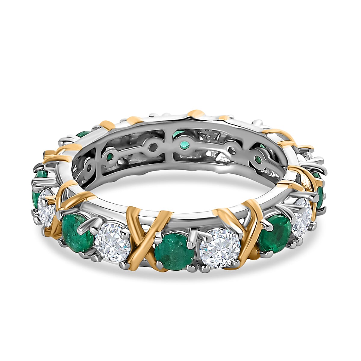 Premium Emerald and Moissanite Wedding Band Ring in Platinum Overlay and 18K Yellow Gold Vermeil Plated Sterling Silver 1.51 Ct. 7548668 0