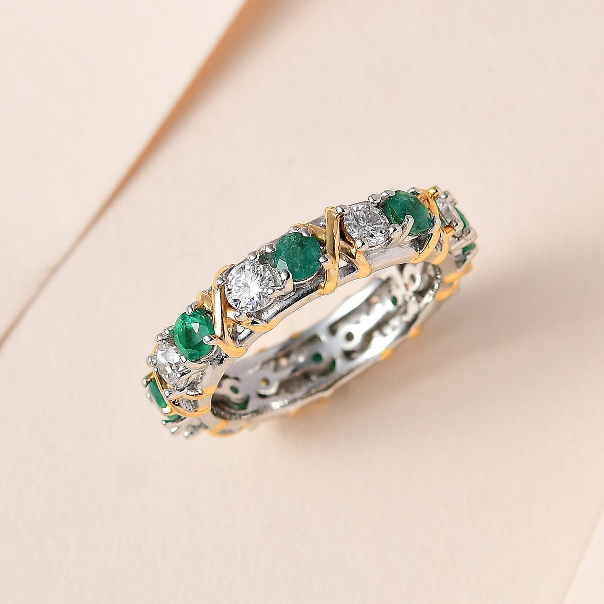Premium Emerald and Moissanite Wedding Band Ring in Platinum Overlay and 18K Yellow Gold Vermeil Plated Sterling Silver 1.51 Ct. 7548668 1