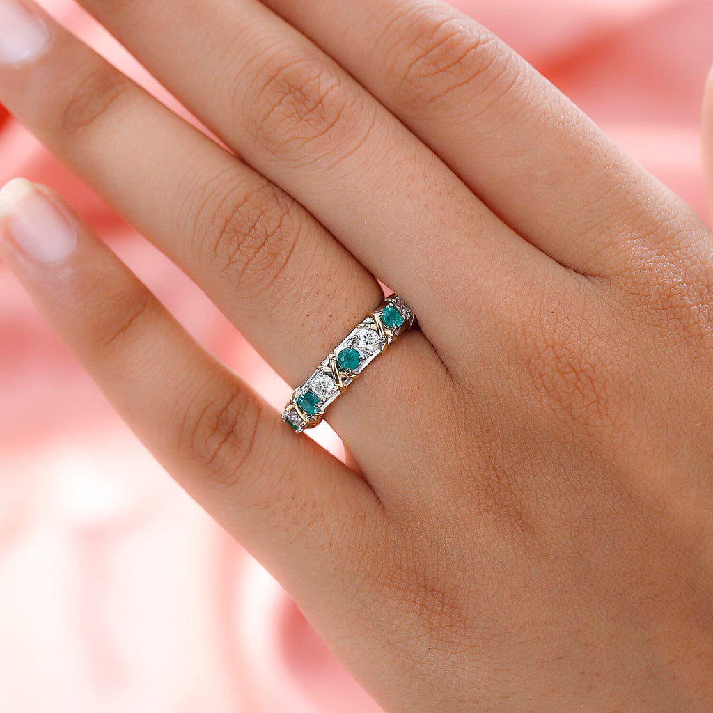 Premium Emerald and Moissanite Band Ring in Platinum Overlay and 18K Yellow Gold Vermeil Plated Sterling Silver 1.96 Ct.
