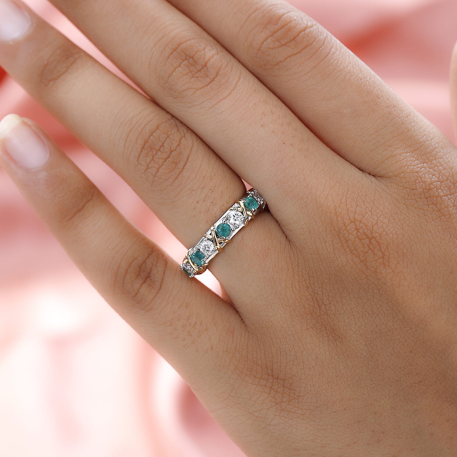 Premium Emerald and Moissanite Wedding Band Ring in Platinum Overlay and 18K Yellow Gold Vermeil Plated Sterling Silver 1.51 Ct. 7548668 2