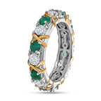 Premium Emerald and Moissanite Band Ring in Platinum Overlay and 18K Yellow Gold Vermeil Plated Sterling Silver 1.96 Ct.
