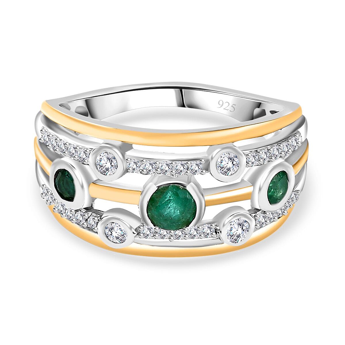 Premium Emerald and Moissanite Bubble Multi Row Ring in 18K Vermeil Yellow Gold and Platinum Plated Sterling Silver, Silver Wt. 5.27 Gms 7761249 0