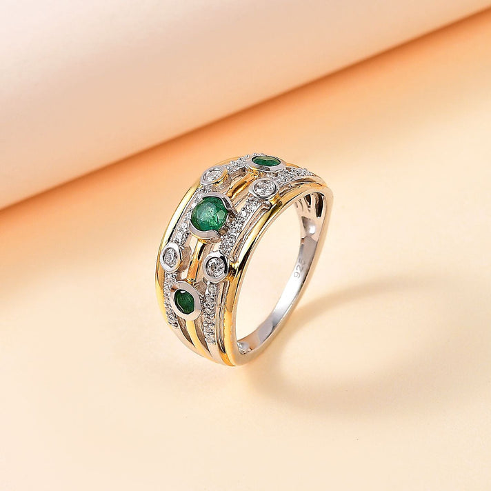 Premium Emerald and Moissanite Bubble Multi Row Ring in 18K Vermeil Yellow Gold and Platinum Plated Sterling Silver, Silver Wt. 5.27 Gms 7761249 2