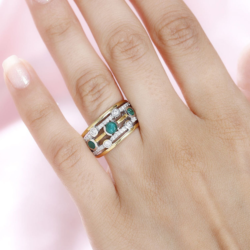 Premium Emerald & Moissanite Bubble Multi Row Ring in 18K Vermeil Yellow Gold Plated & Platinum Overlay Sterling Silver 0.96 Ct.