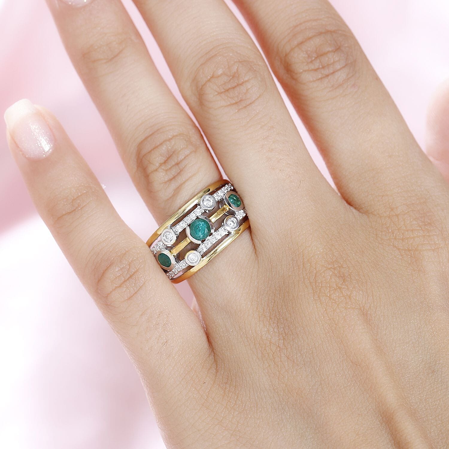 Premium Emerald and Moissanite Bubble Multi Row Ring in 18K Vermeil Yellow Gold and Platinum Plated Sterling Silver, Silver Wt. 5.27 Gms 7761249 3