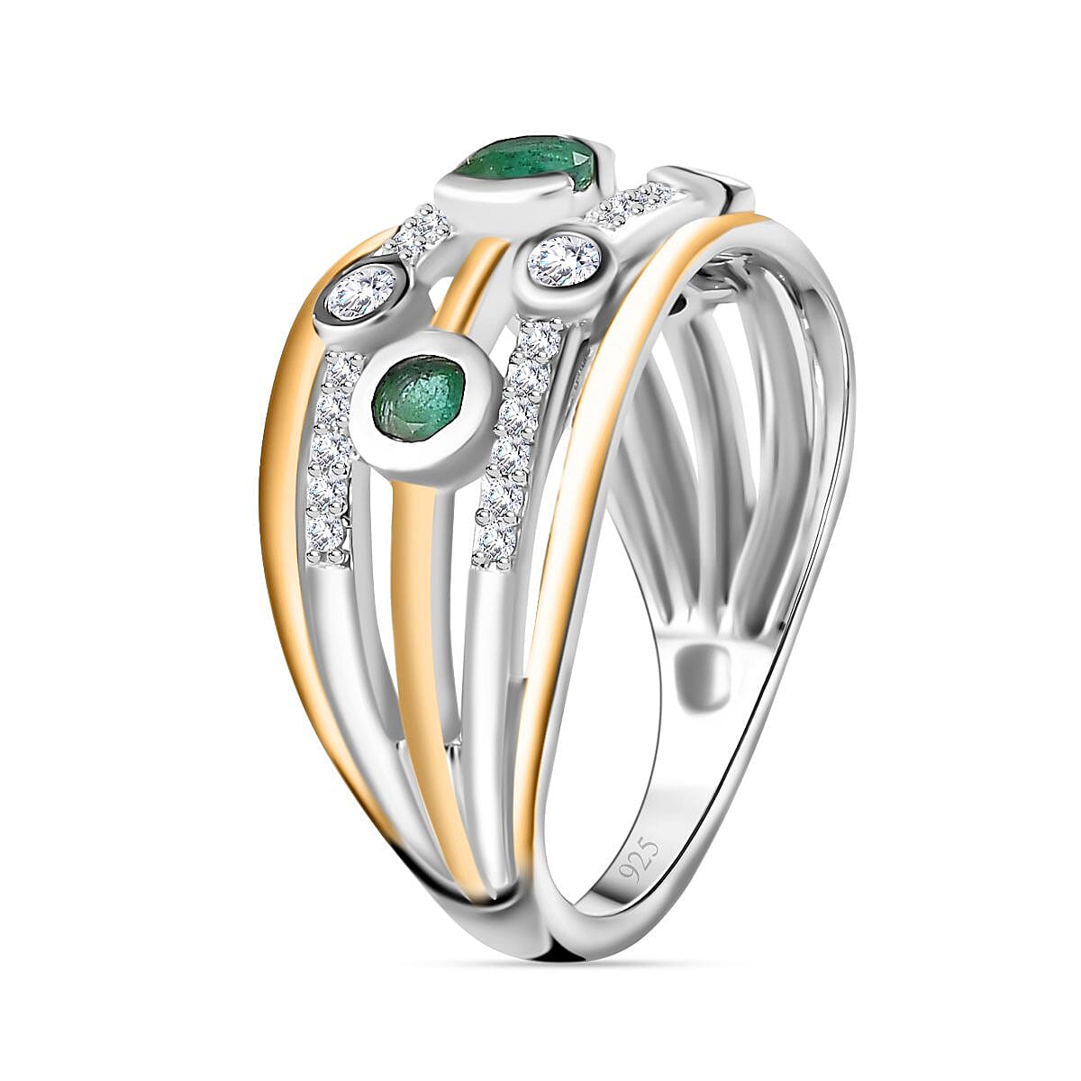 Premium Emerald and Moissanite Bubble Multi Row Ring in 18K Vermeil Yellow Gold and Platinum Plated Sterling Silver, Silver Wt. 5.27 Gms 7761249 4