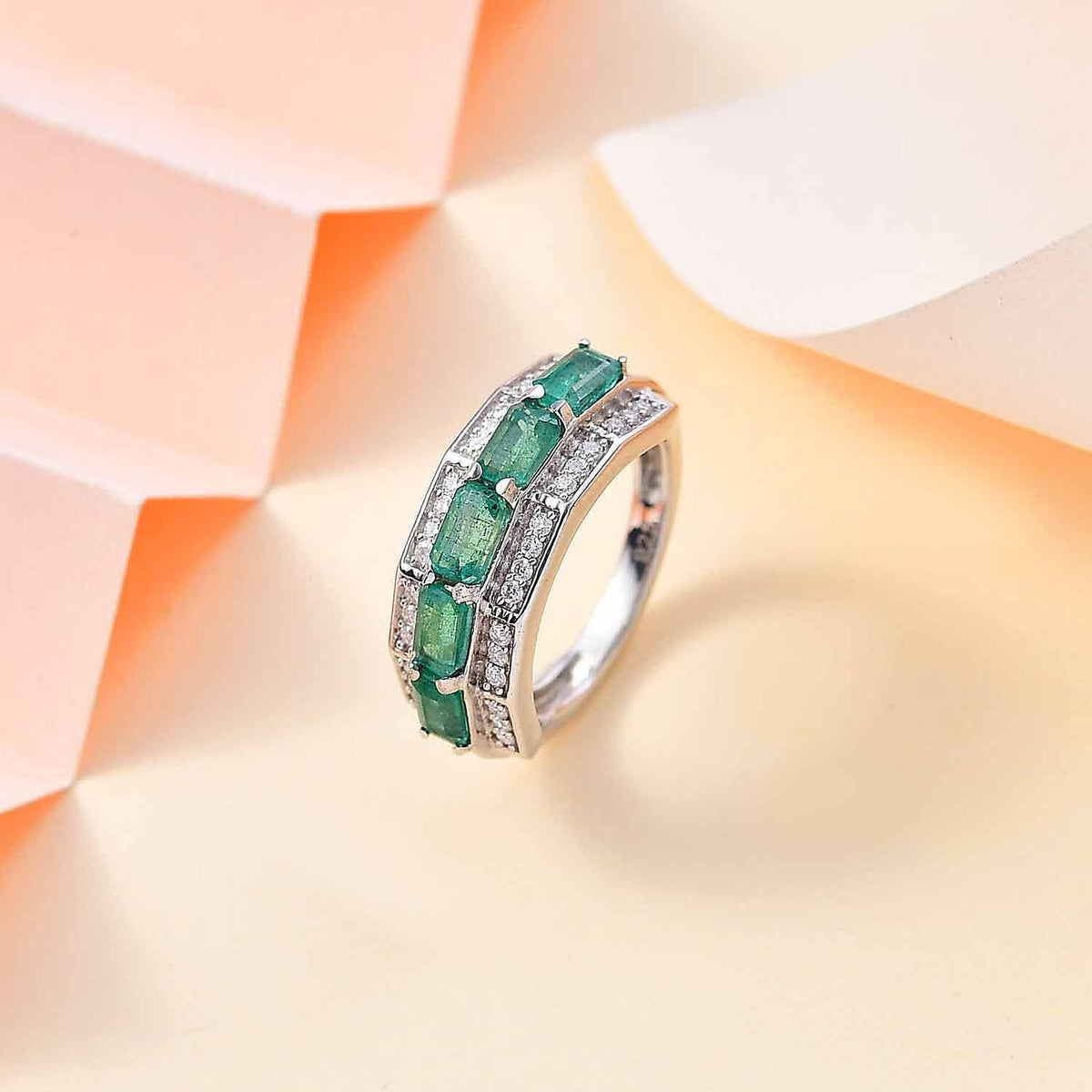Premium Emerald and Moissanite Half-Eternity Ring in Rhodium Overlay Sterling Silver 1.73 Ct. 7821916 1