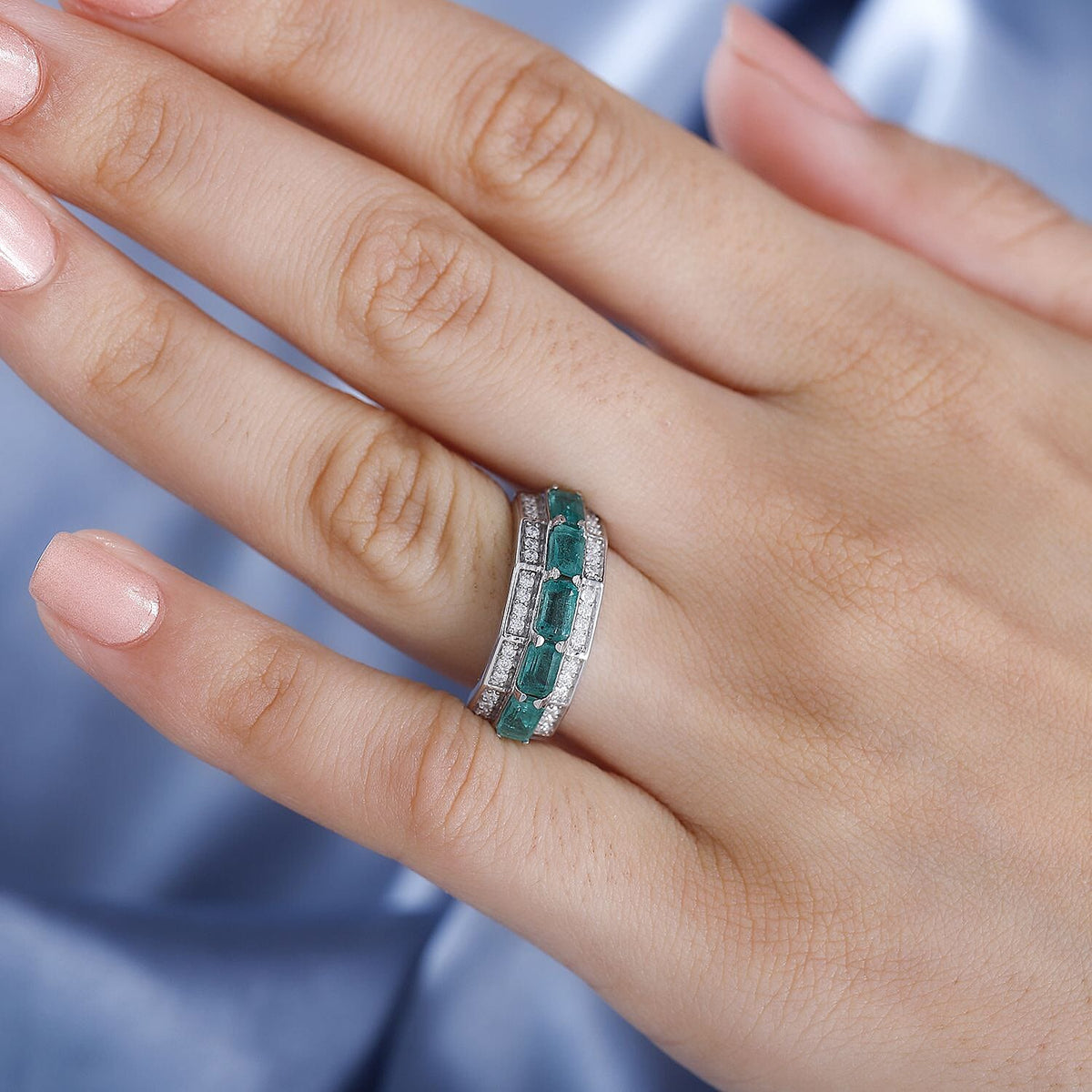 Premium Emerald and Moissanite Half-Eternity Ring in Rhodium Overlay Sterling Silver 1.73 Ct. 7821916 2