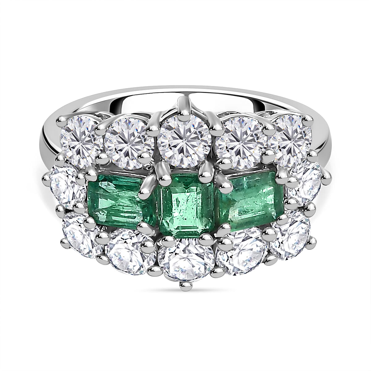 Gemfields Emerald and Moissanite Boat Ring in Platinum Overlay Sterling Silver 7750649 0