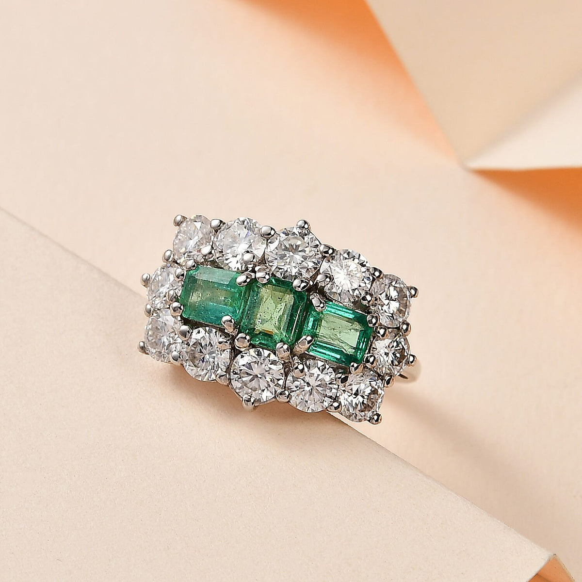 Gemfields Emerald and Moissanite Boat Ring in Platinum Overlay Sterling Silver 7750649 1