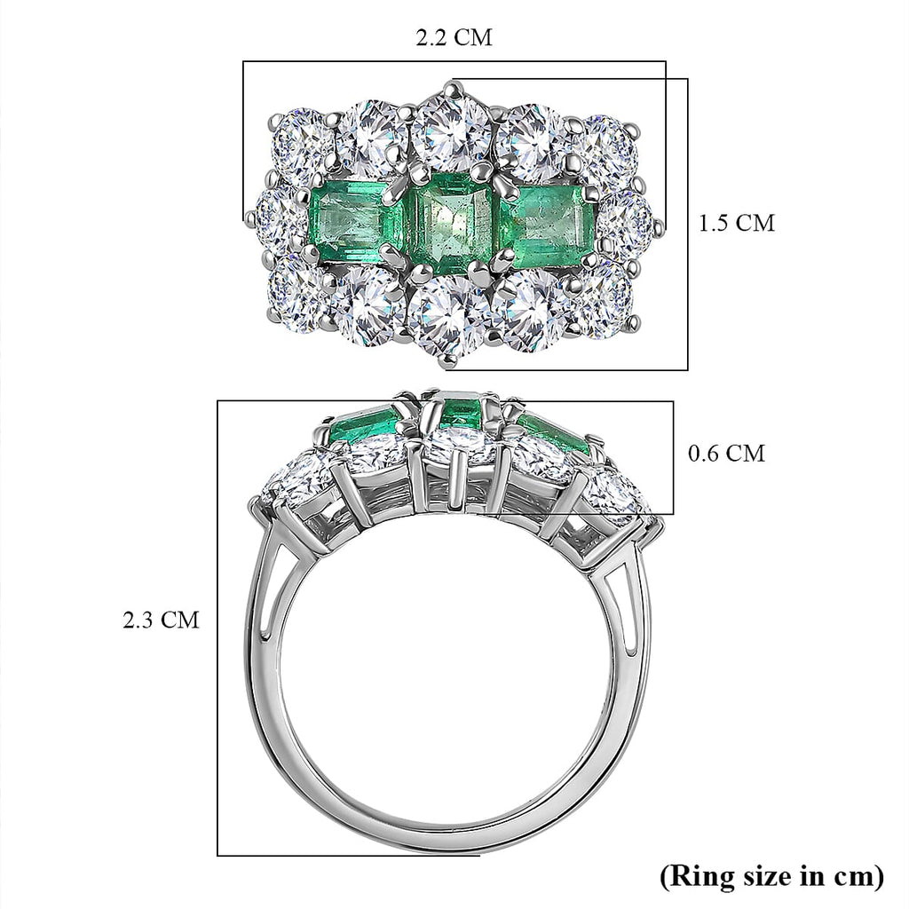 Gemfields Emerald & Moissanite Boat Ring in Platinum Overlay Sterling Silver 3.70 Ct.