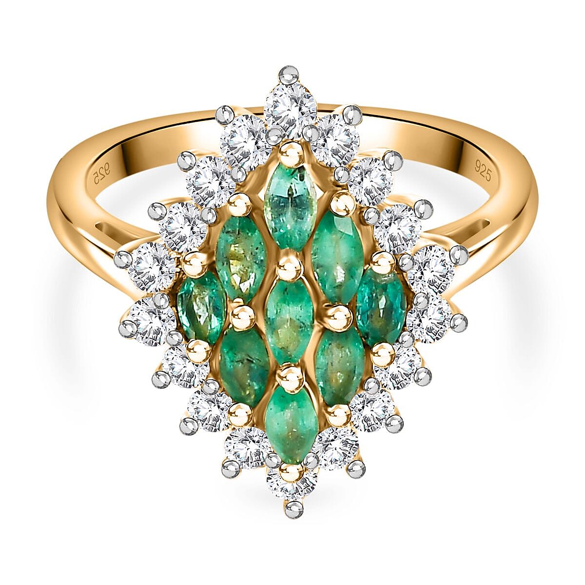 Premium Emerald, White Zircon Cluster Ring in 18K Yellow Gold Vermeil Plated Sterling Silver 1.49 ct. 7892342 0