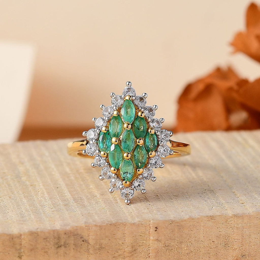 AAA Gemfields Premium Emerald & Natural White Zircon Ring in 18K Vermeil Yellow Gold Plated Sterling Silver 1.50 Ct.