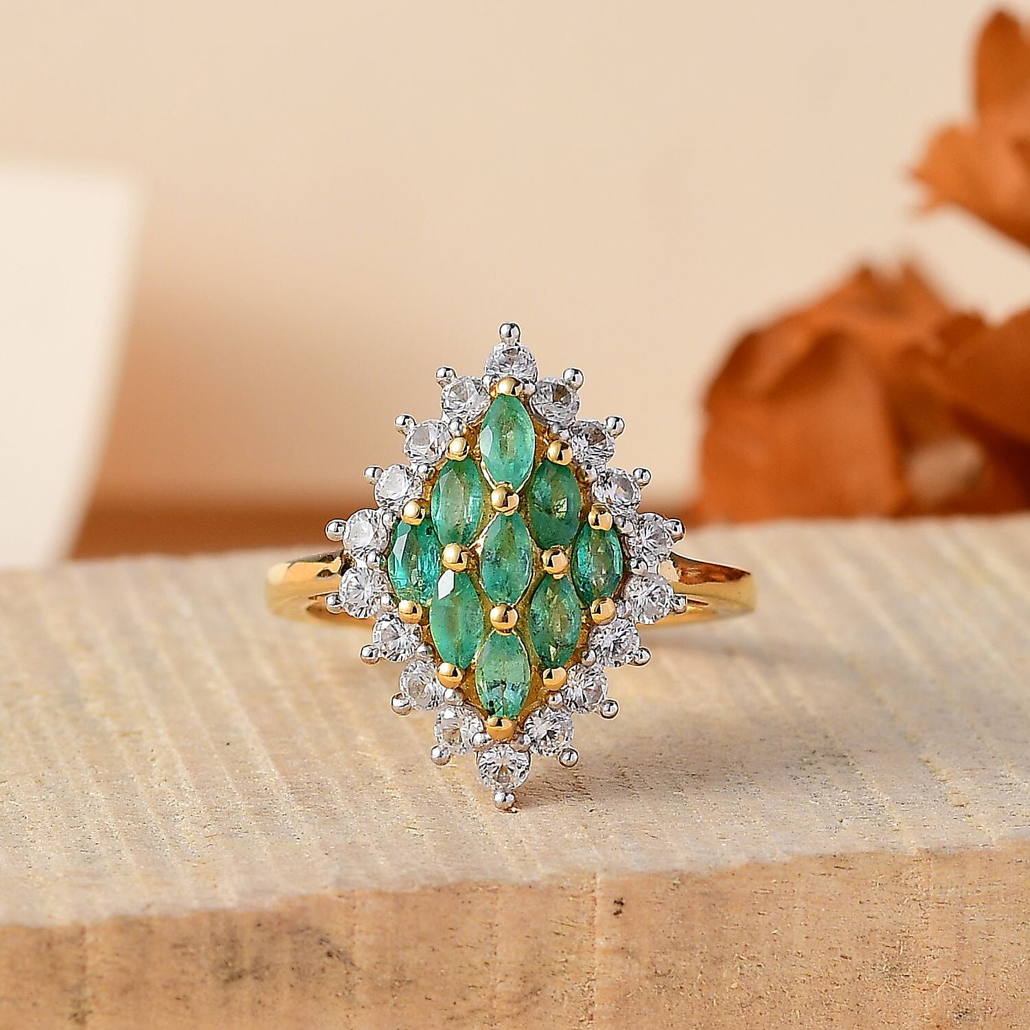 Premium Emerald, White Zircon Cluster Ring in 18K Yellow Gold Vermeil Plated Sterling Silver 1.49 ct. 7892342 1