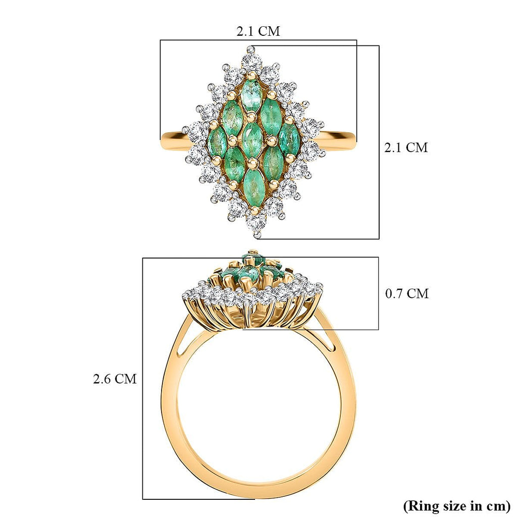 AAA Gemfields Premium Emerald & Natural White Zircon Ring in 18K Vermeil Yellow Gold Plated Sterling Silver 1.50 Ct.