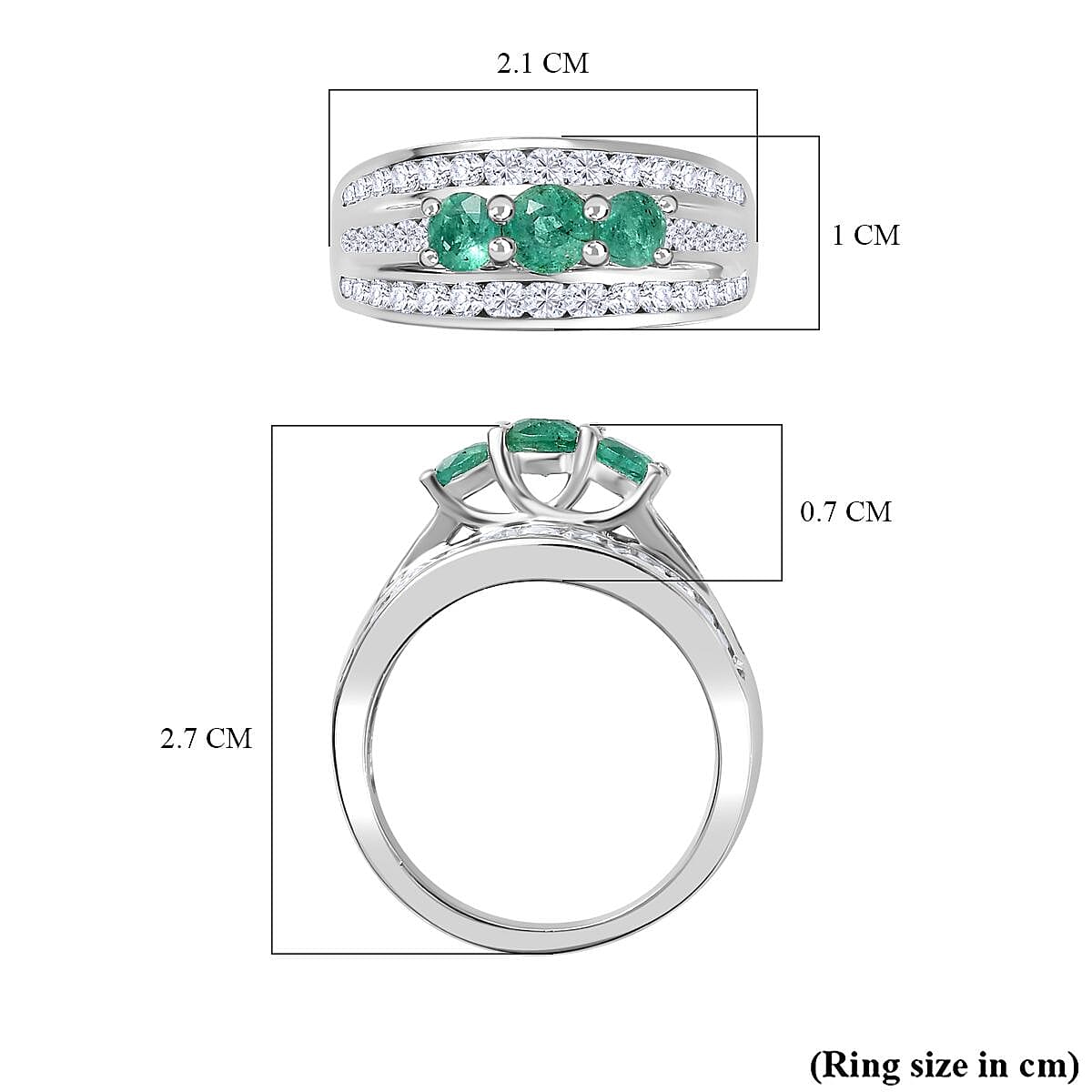 AAA Gemfields Emerald, Natural Zircon Trilogy Ring in Platinum Overlay Sterling Silver 7794737 5