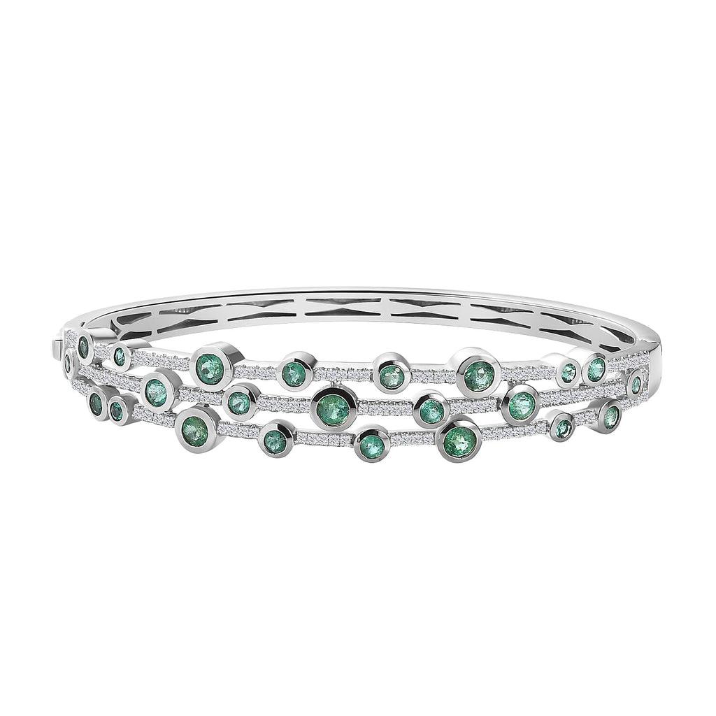 AAA Gemfields Emerald and Natural Zircon Bubble Bangle (Size 7.5) in Rhodium Overlay Sterling Silver 4.13 Ct, Silver Wt. 24.20 Gms