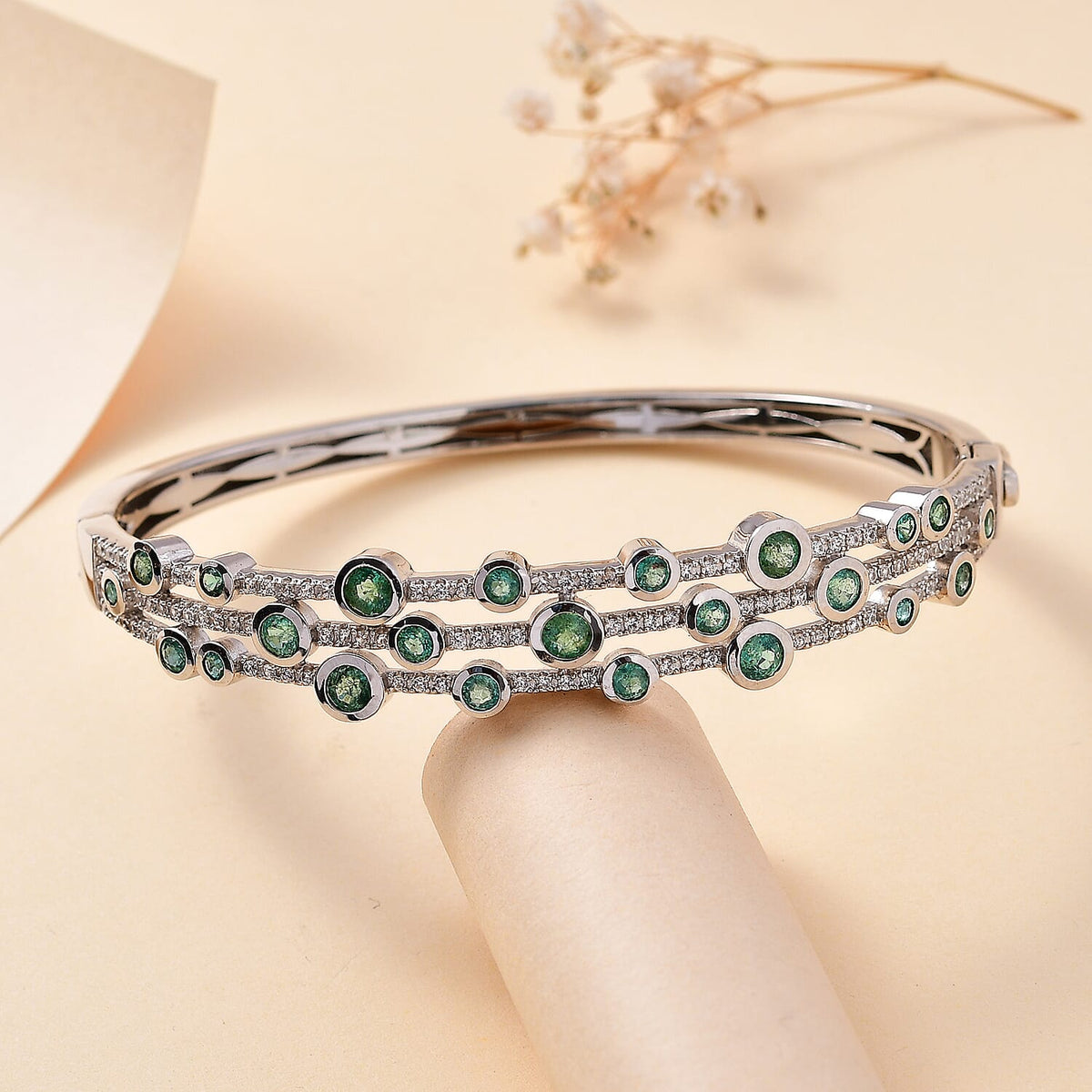 AAA Gemfields Emerald and Natural Zircon Bubble Bangle (Size 7.5) in Rhodium Overlay Sterling Silver 7806020 2