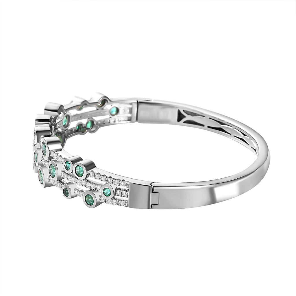 AAA Gemfields Emerald and Natural Zircon Bubble Bangle (Size 7.5) in Rhodium Overlay Sterling Silver 4.13 Ct, Silver Wt. 24.20 Gms