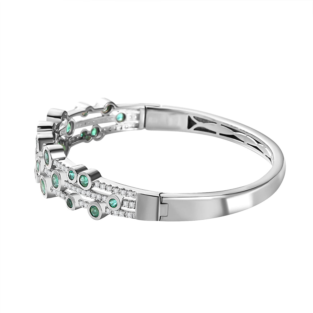 AAA Gemfields Emerald and Natural Zircon Bubble Bangle (Size 7.5) in Rhodium Overlay Sterling Silver 7806020 4