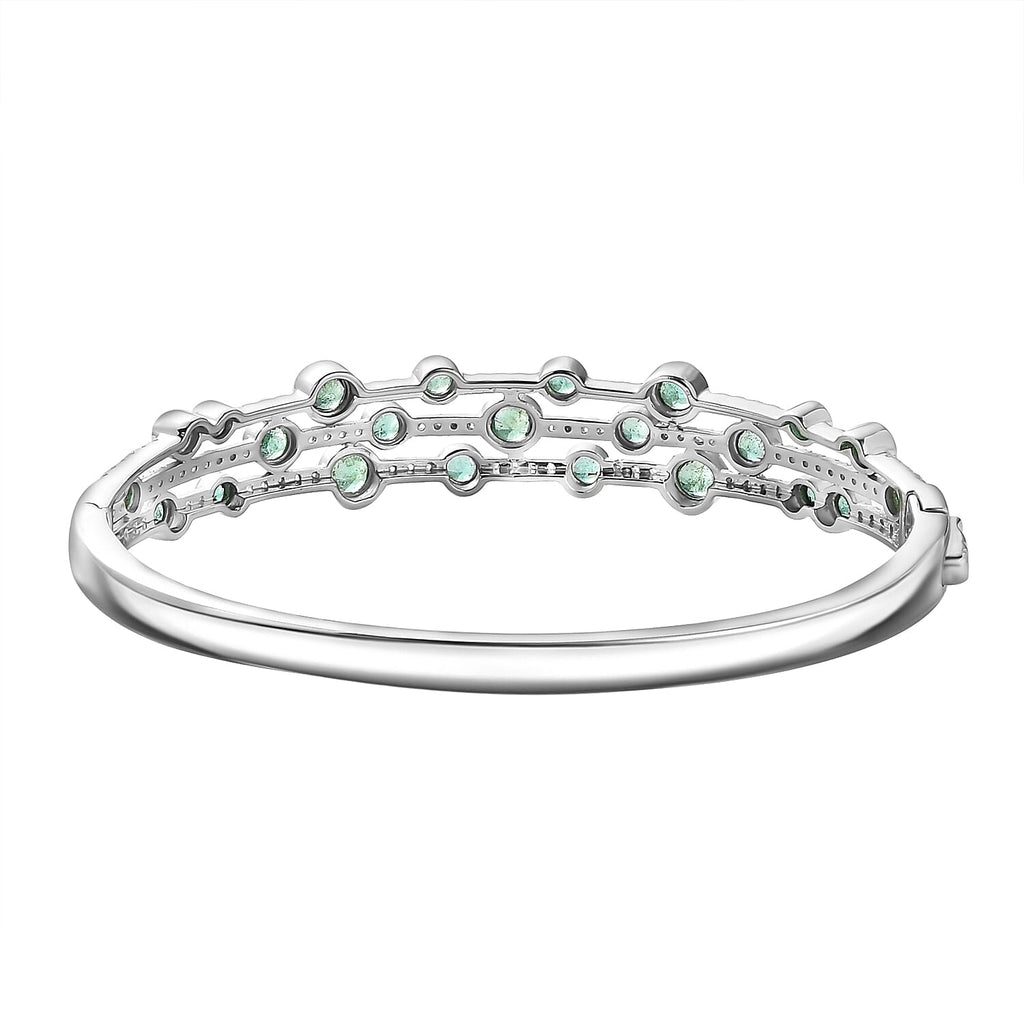 AAA Gemfields Emerald and Natural Zircon Bubble Bangle (Size 7.5) in Rhodium Overlay Sterling Silver 4.13 Ct, Silver Wt. 24.20 Gms