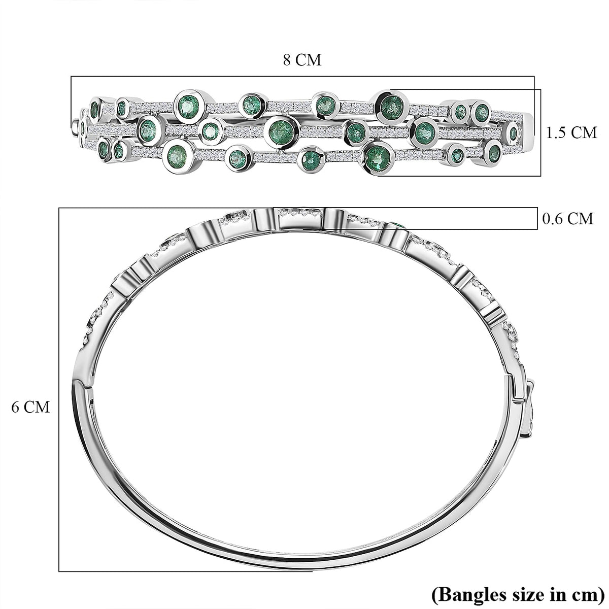 AAA Gemfields Emerald and Natural Zircon Bubble Bangle (Size 7.5) in Rhodium Overlay Sterling Silver 7806020 6