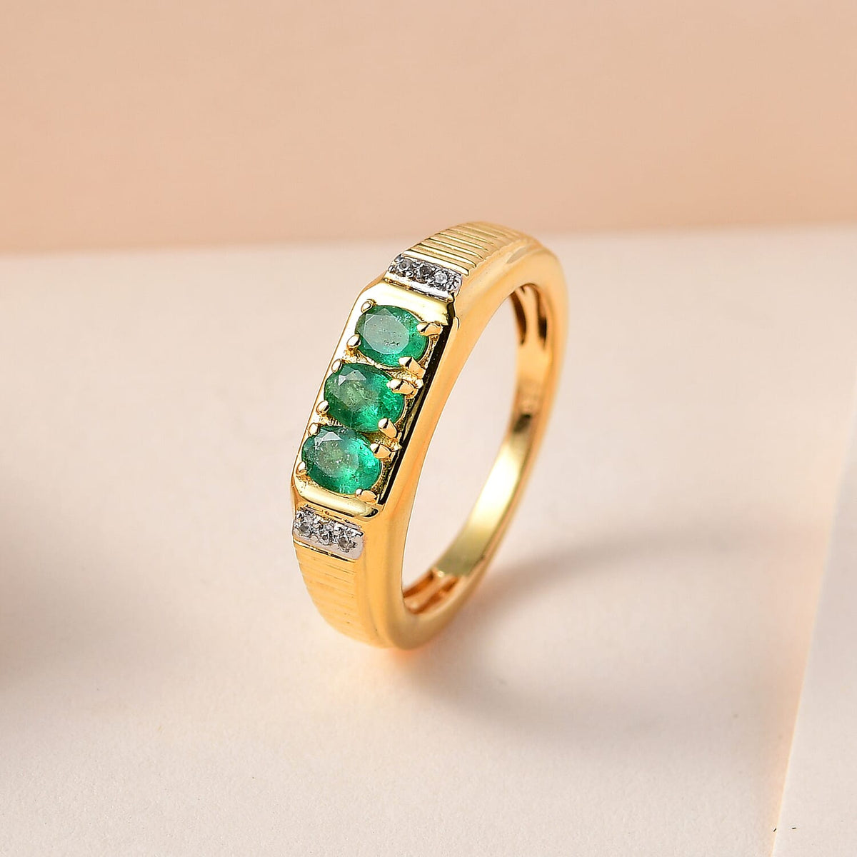 Premium Emerald &amp; Natural Zircon Ring in 18K Yellow Gold Vermeil Plated Sterling Silver 7520292 1