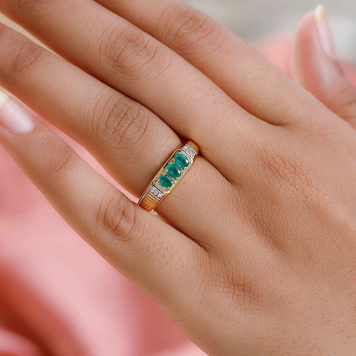 Premium Emerald &amp; Natural Zircon Ring in 18K Yellow Gold Vermeil Plated Sterling Silver 7520292 2