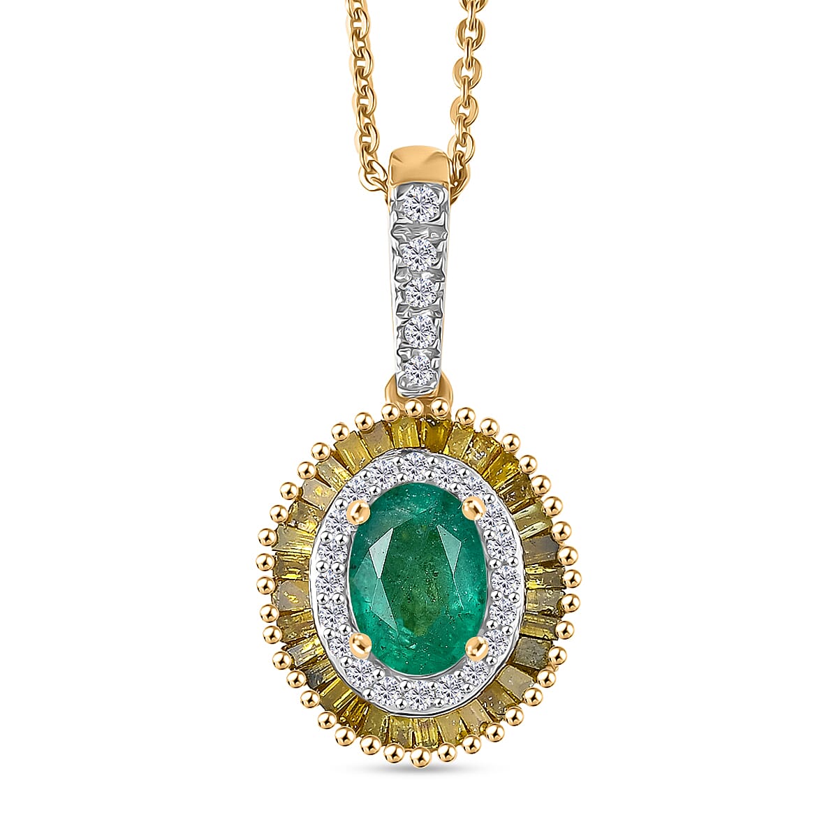 D'Joy Premium Emerald, Yellow Diamond and White Diamond Double Halo Pendant with Chain (Size 20) in 18K Vermeil Yellow Gold Plated Sterling Silver 1.23 Ct. V32566680 0